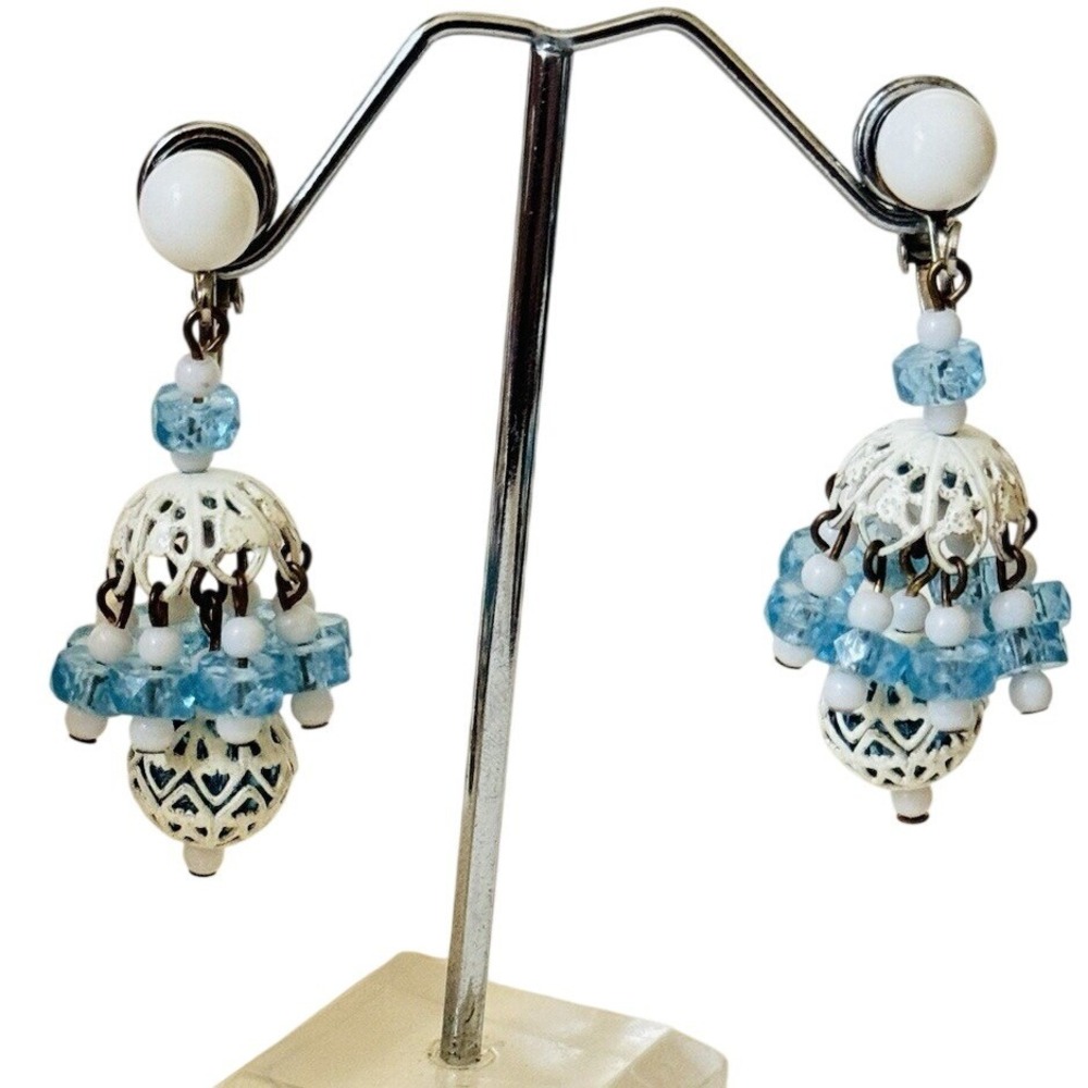 VTG Earrings 60s Blue Glass Beaded Dangle Chandelier Retro Clip White Enamel 2"
